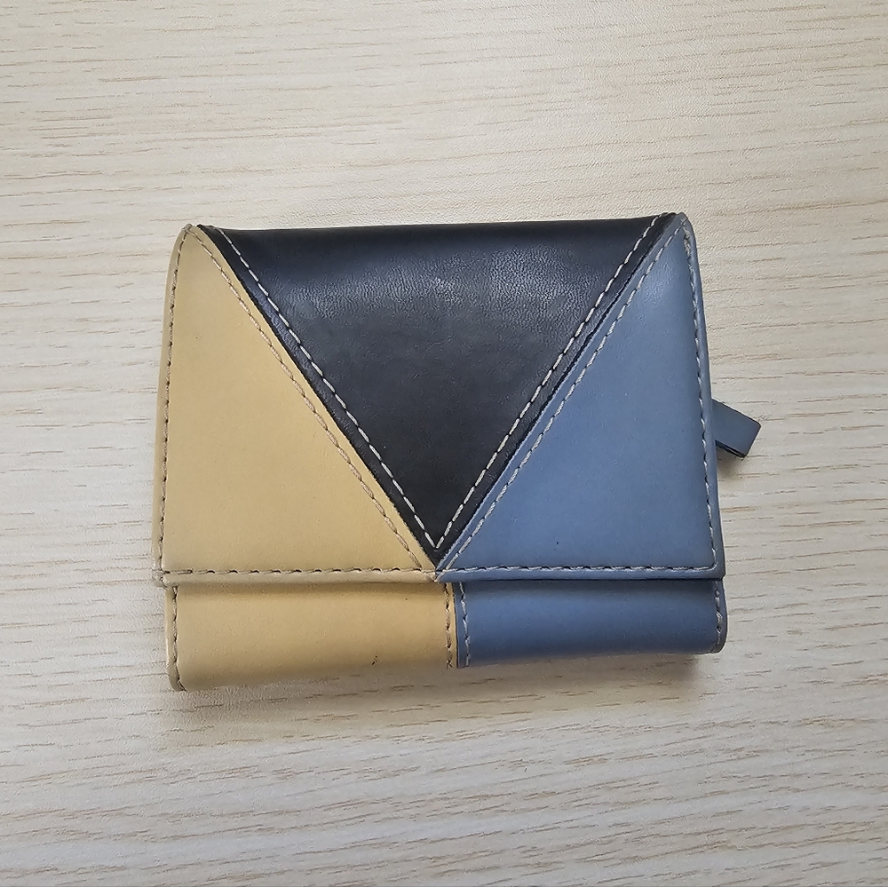Vintage Faux Leather Compact Wallet | Geometric Black, Yellow & Blue Trifold